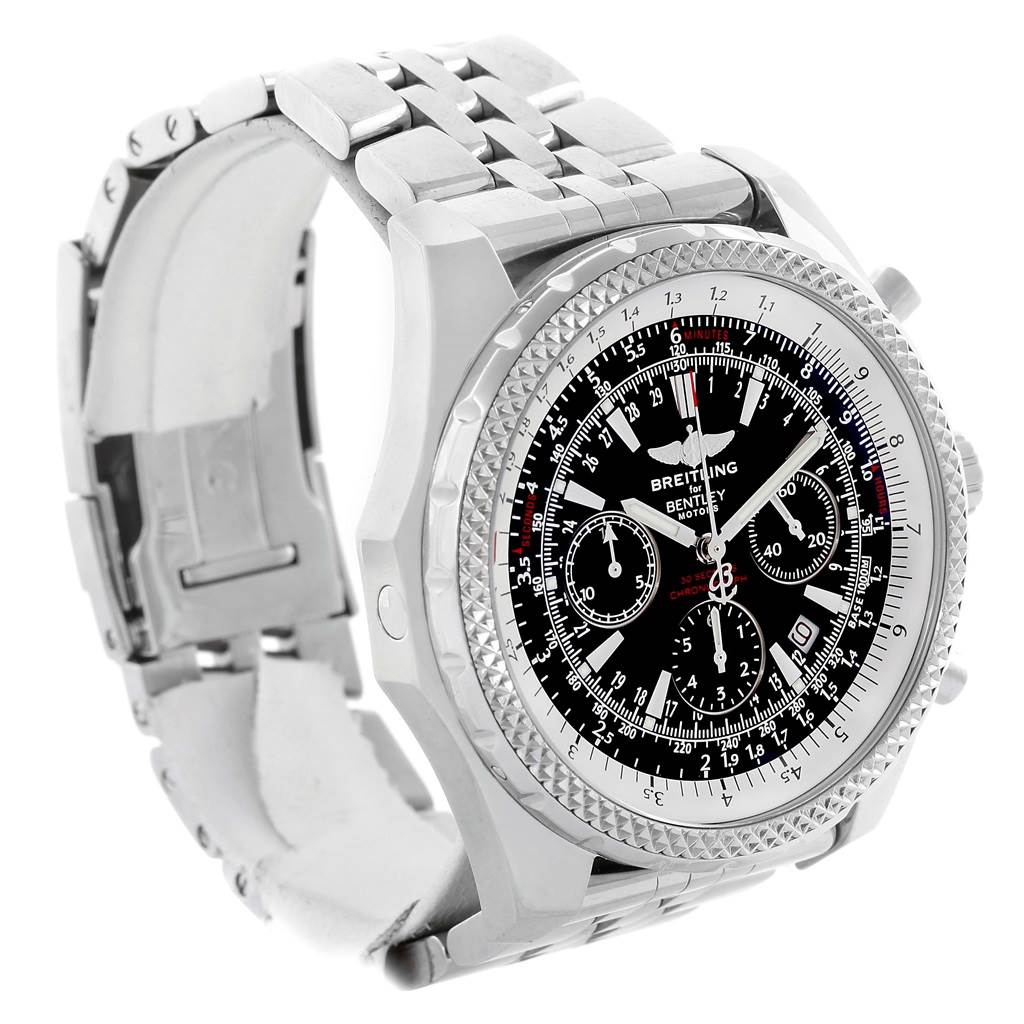 This image shows a side and front angle of a Breitling Bentley A25362 Men's Stainless Steel Black Dial A25362 Men's Stainless Steel Black Dial model watch, highlighting the dial, bezel, and metal bracelet.