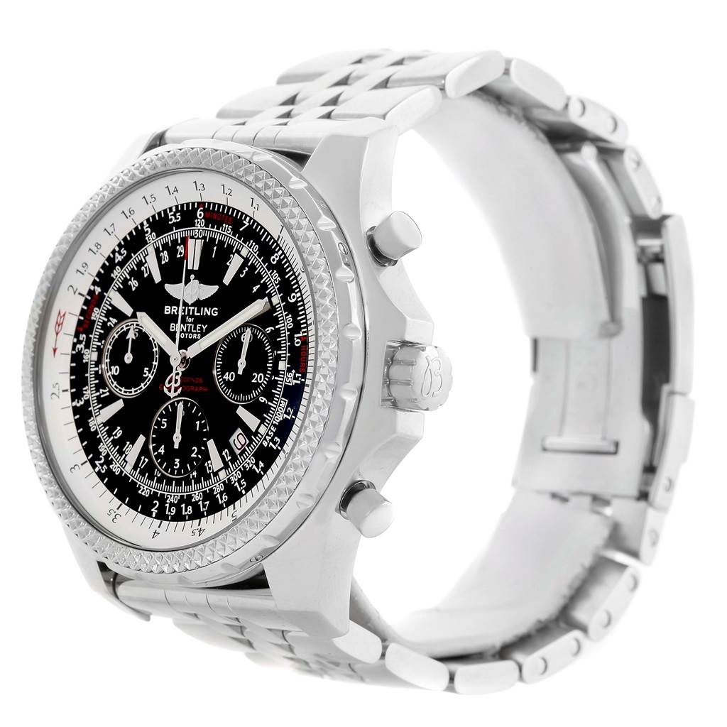 The Breitling Bentley A25362 Men's Stainless Steel Black Dial A25362 Men's Stainless Steel Black Dial watch is shown at a slight angle, displaying the face, bezel, crown, pushers, and metal bracelet.