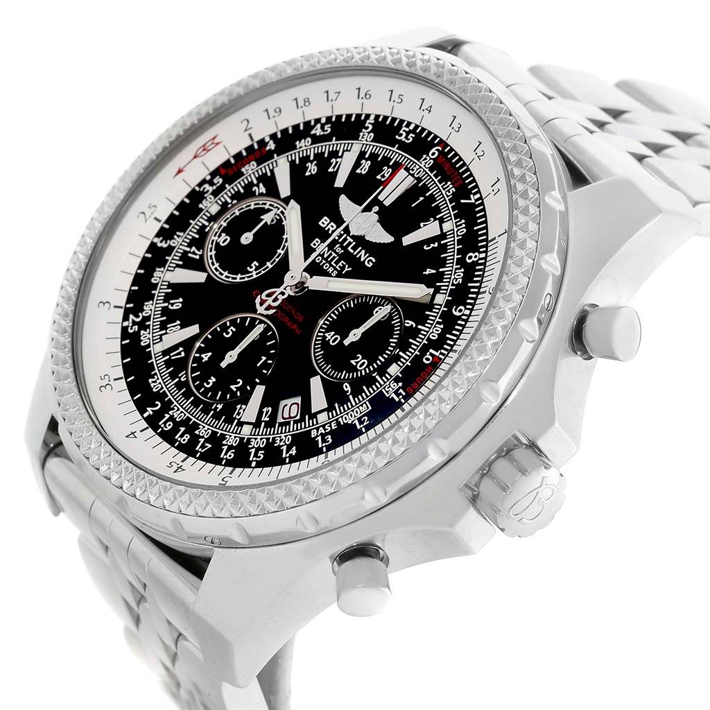The image shows a Breitling Bentley A25362 Men's Stainless Steel Black Dial A25362 Men's Stainless Steel Black Dial watch at a three-quarter angle, highlighting the face, bezel, pushers, and crown.
