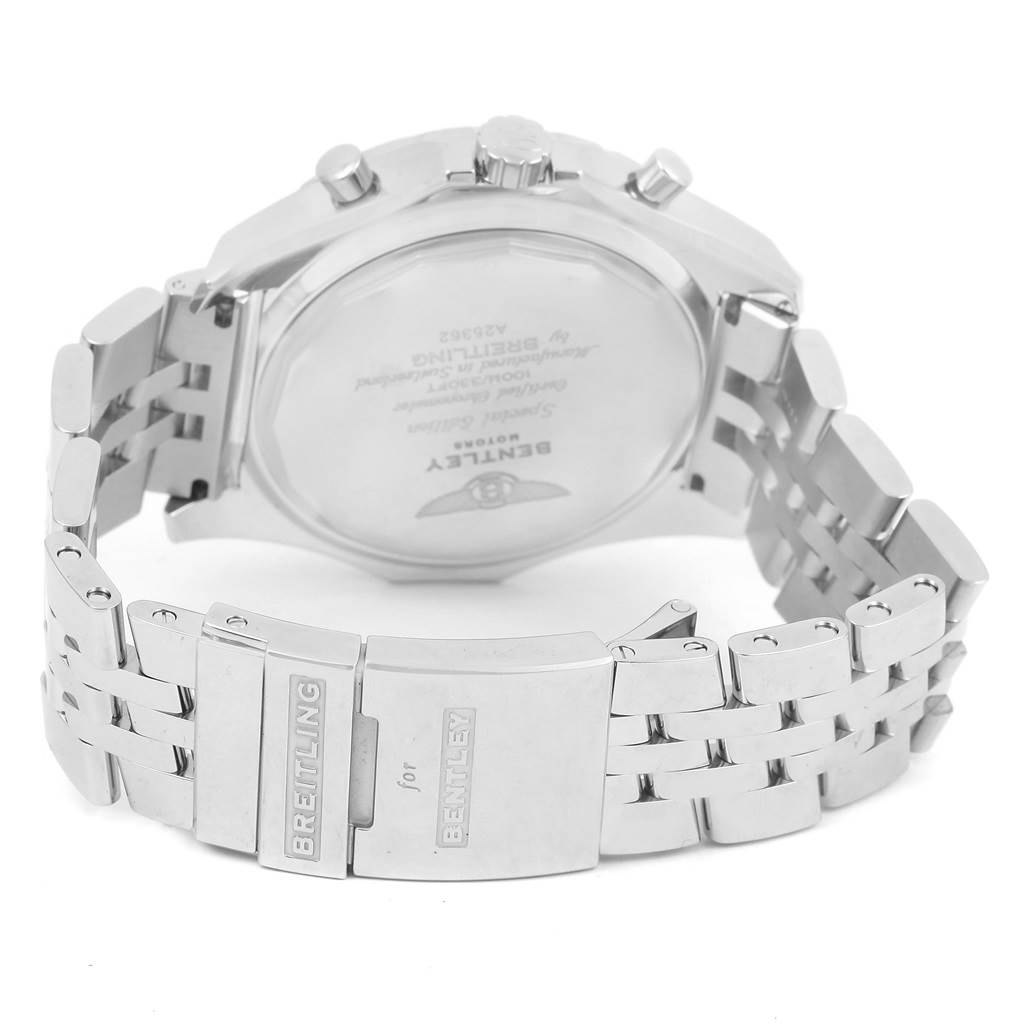 This image shows the back of a Breitling Bentley A25362 Men's Stainless Steel Black Dial A25362 Men's Stainless Steel Black Dial watch, highlighting the case back, bracelet, and clasp.