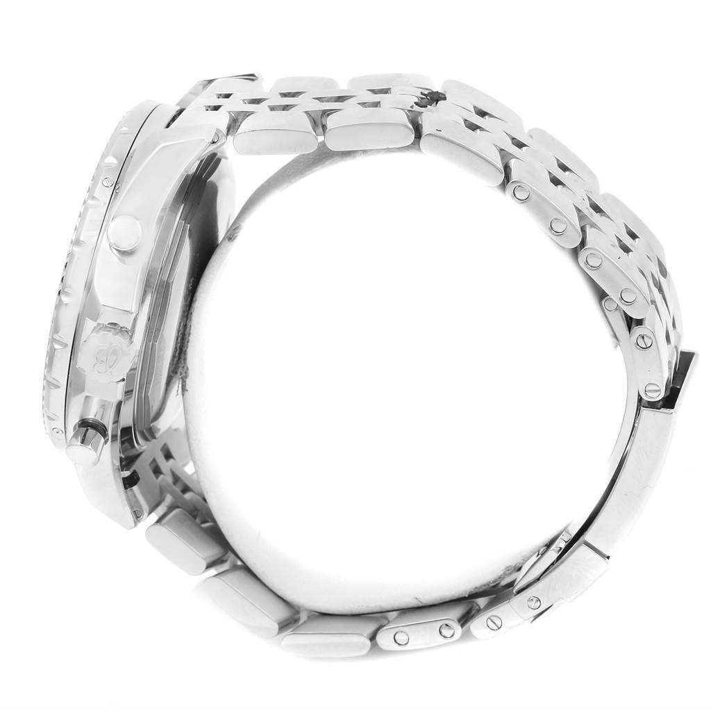 The image shows a side profile of the Bentley model by Breitling, highlighting the case, bezel, and metal bracelet.