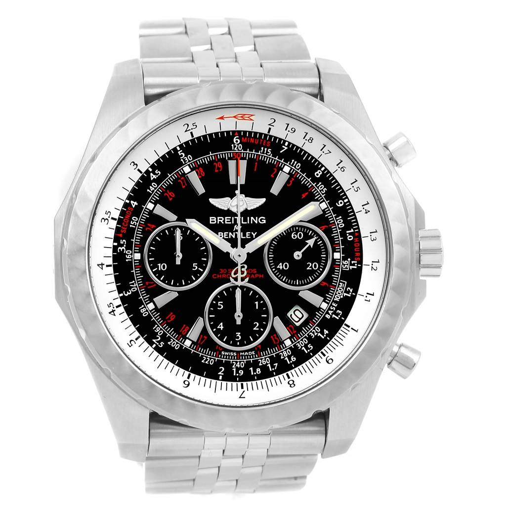 The image shows a top-down view of the Breitling Bentley A25365 Men
s Stainless Steel Black Dial A25365 Men
s Stainless Steel Black Dial watch, highlighting the dial, chronograph subdials, and metal bracelet.