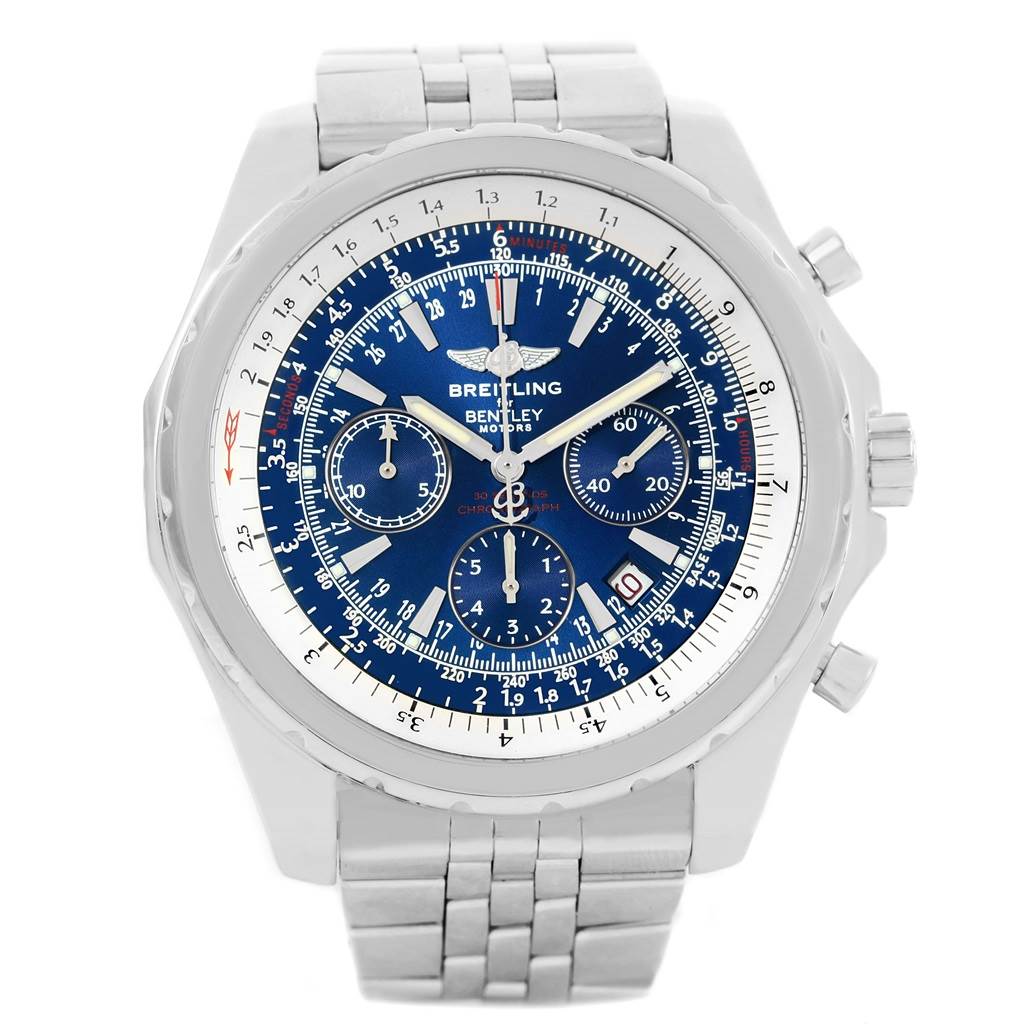 The Breitling Bentley A25362 Men's Stainless Steel Blue Dial A25362 Men's Stainless Steel Blue Dial model watch is shown from a front angle, displaying the dial, bezel, and metal bracelet.