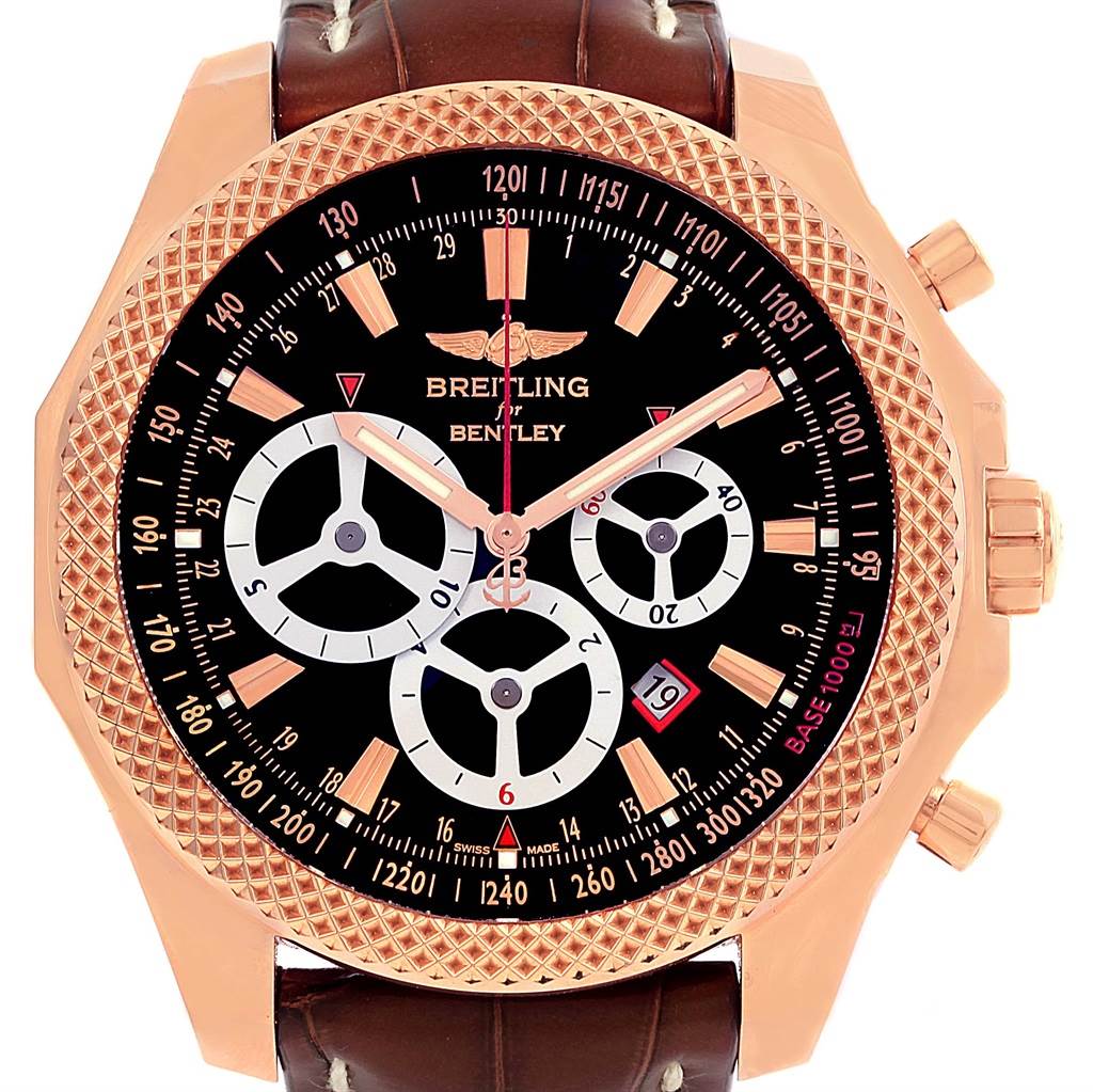 The image shows a close-up of the Breitling Bentley R2536624/BB10-761P Men's Rose Gold Black Dial R2536624/BB10-761P Men's Rose Gold Black Dial watch face, showcasing its bezel, dials, and crown from a front angle.