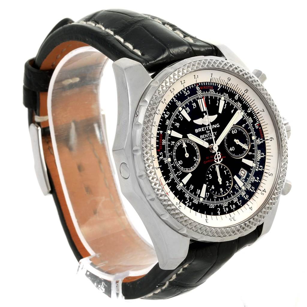 The Breitling Bentley A25362 Men's Stainless Steel Black Dial A25362 Men's Stainless Steel Black Dial watch is shown from a side angle, showcasing its black leather strap, silver bezel, and black dial with multiple subdials.