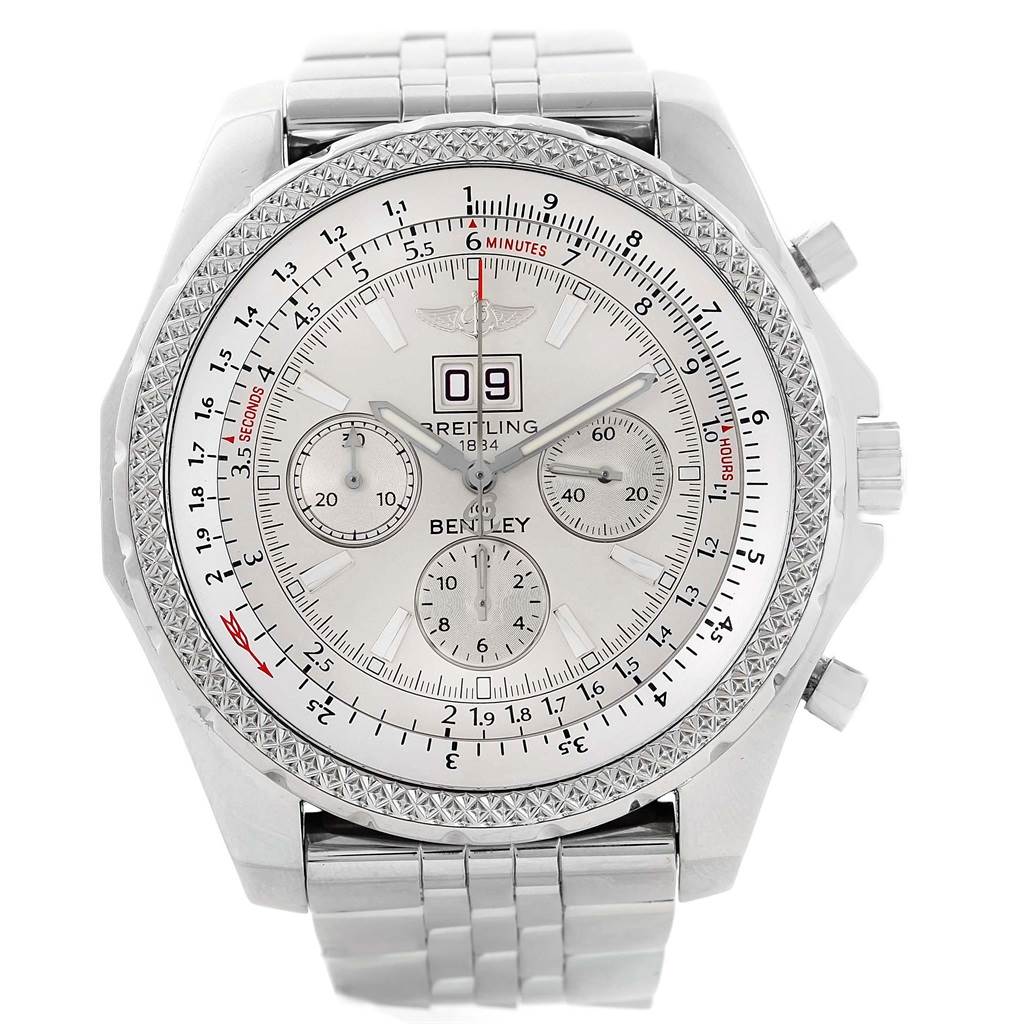 The image shows a front view of the Breitling Bentley A44362 Men's Stainless Steel Silver Dial A44362 Men's Stainless Steel Silver Dial watch, displaying its dial, bezel, and bracelet.