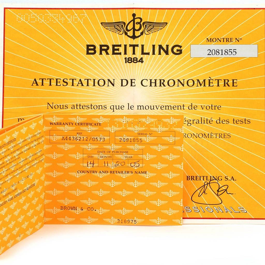 The image shows a warranty certificate and chronometer certification for a Breitling Bentley A44362 Men's Stainless Steel Silver Dial A44362 Men's Stainless Steel Silver Dial model.
