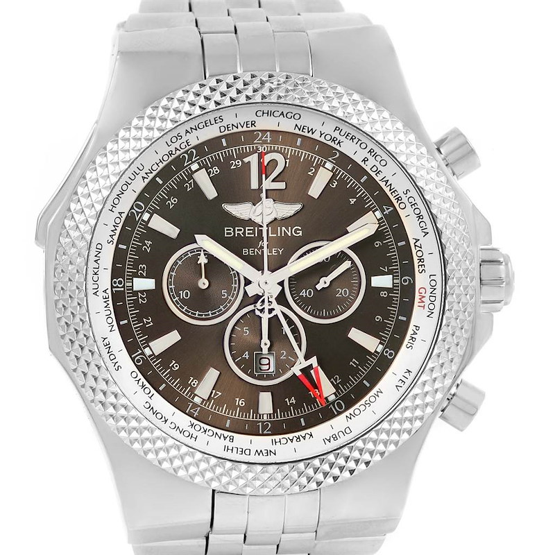 This image shows a front view of the Breitling Bentley watch, detailing the face, bezel, crown, and bracelet.