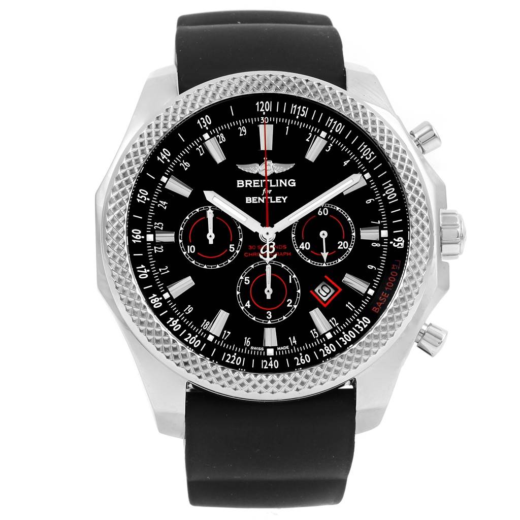 The image shows a front view of the Breitling Bentley A25368 Men's Stainless Steel Black Dial A25368 Men's Stainless Steel Black Dial watch, highlighting its black dial, chronograph subdials, and black strap.