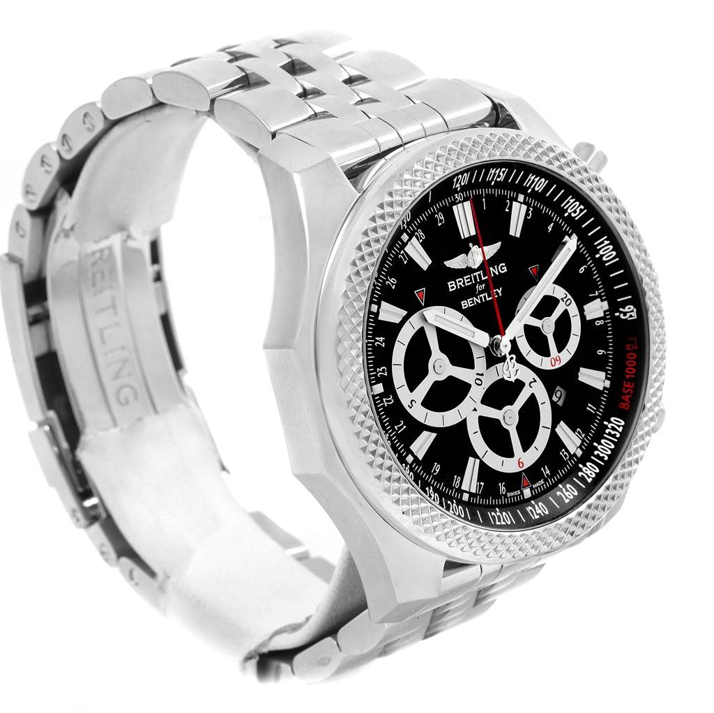The Bentley model by Breitling is shown at a three-quarter angle, highlighting the stainless steel bracelet, bezel, and watch face.
