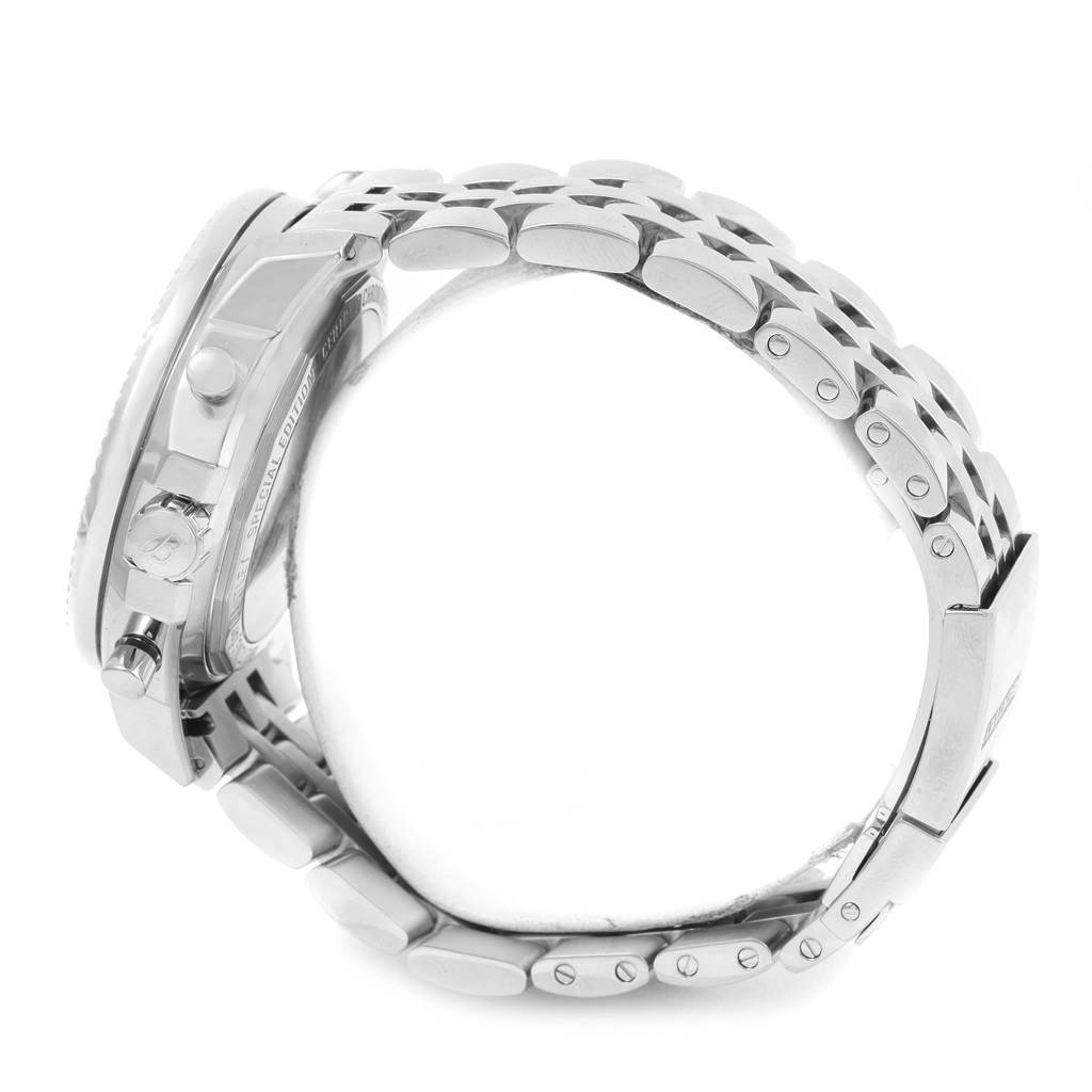 The image displays the Breitling Bentley A25368 Men's Stainless Steel Black Dial A25368 Men's Stainless Steel Black Dial watch from a side angle, showcasing its crown, pushers, and metal bracelet.