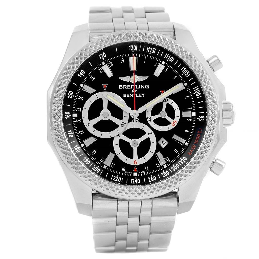 This image shows a front view of a Breitling Bentley A25368 Men's Stainless Steel Black Dial A25368 Men's Stainless Steel Black Dial model watch, highlighting its dial, hands, subdials, bezel, and metal bracelet.