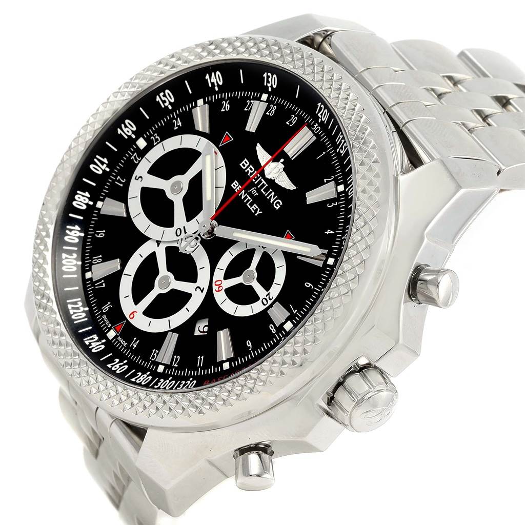 The image shows a close-up side angle of the Breitling Bentley A25368 Men's Stainless Steel Black Dial A25368 Men's Stainless Steel Black Dial watch, highlighting the bezel, dial, subdials, and part of the bracelet.