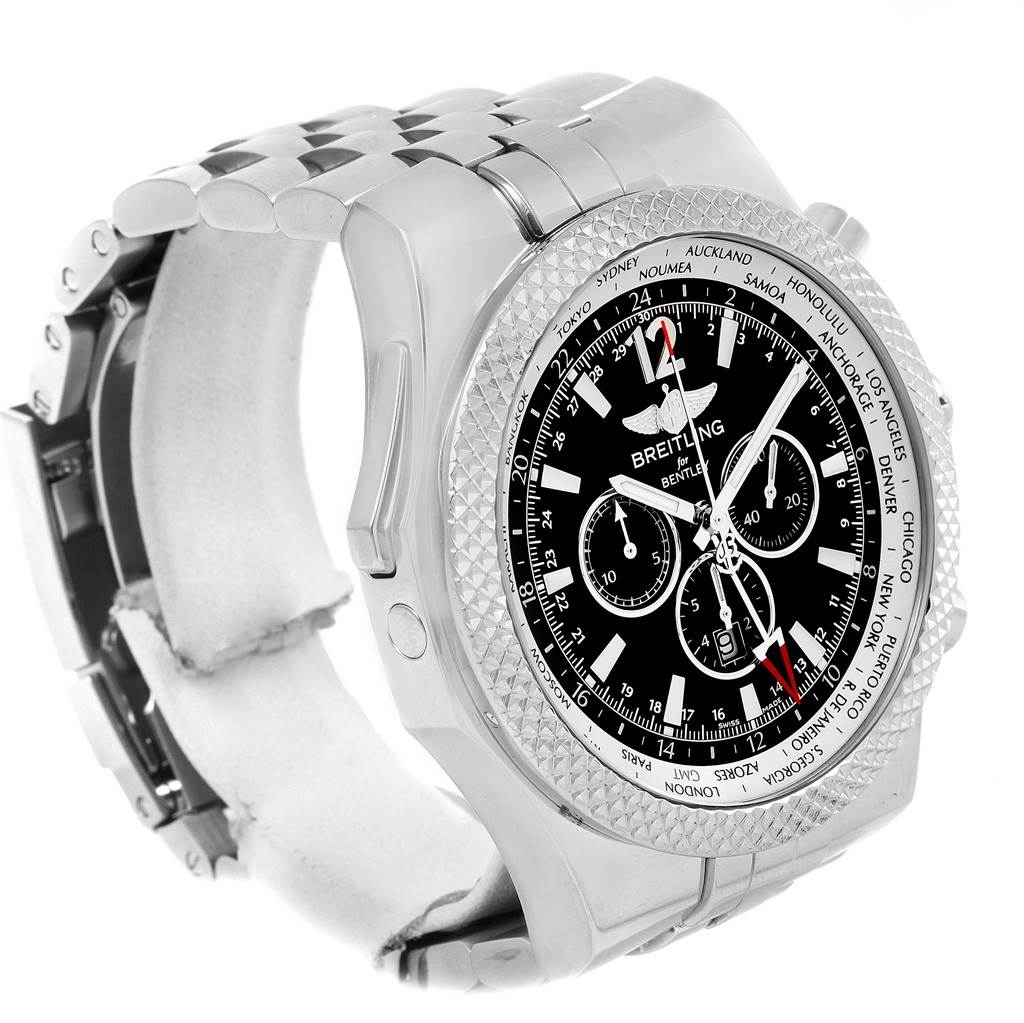 The Breitling Bentley A47362 Men's Stainless Steel Black Dial A47362 Men's Stainless Steel Black Dial watch is shown at a side angle, highlighting the bracelet, bezel, dial, and chronograph functions.