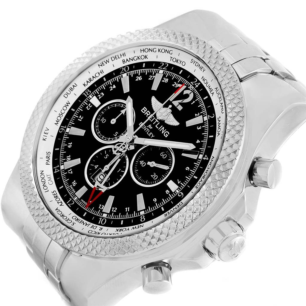 The image shows a Breitling Bentley A47362 Men's Stainless Steel Black Dial A47362 Men's Stainless Steel Black Dial watch from an oblique angle focusing on the face, bezel, and side buttons.