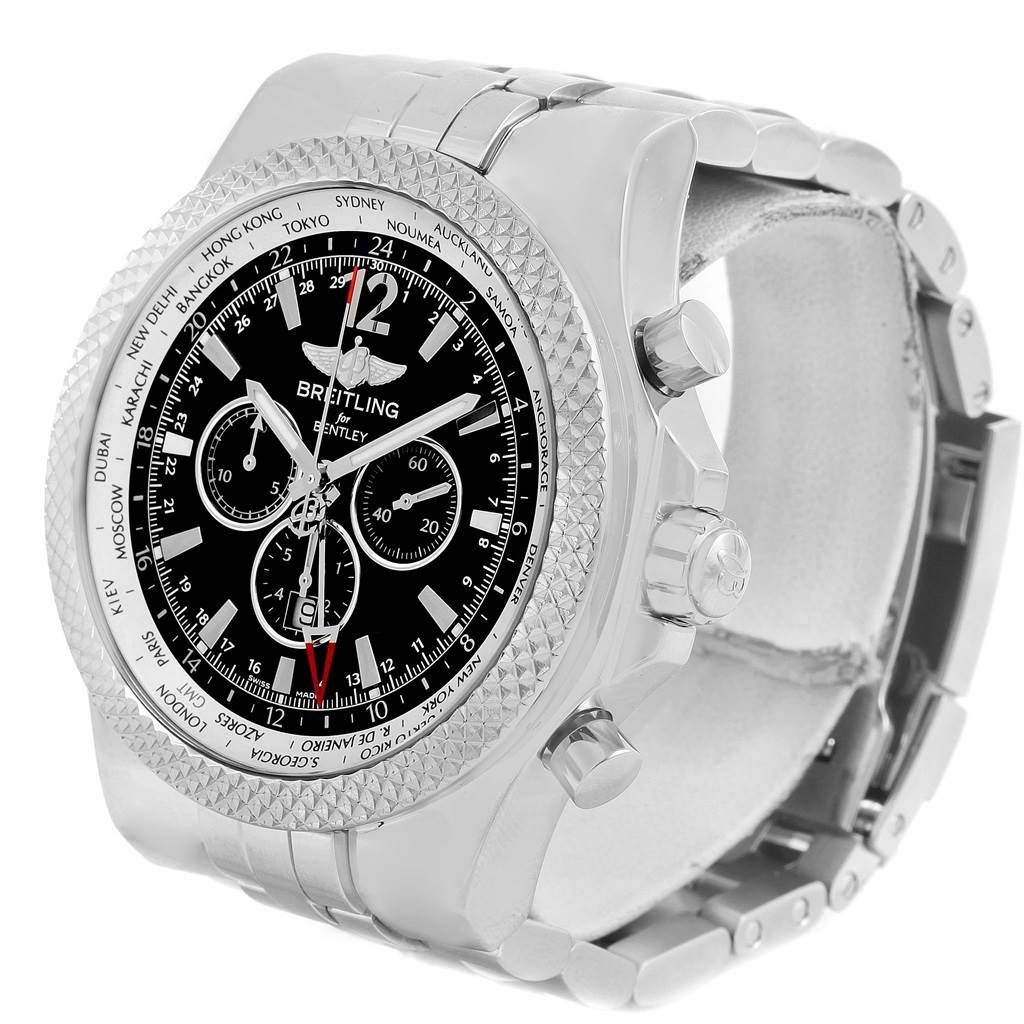 The Bentley model by Breitling is shown at a three-quarter angle, displaying the face, bezel, and metal bracelet.