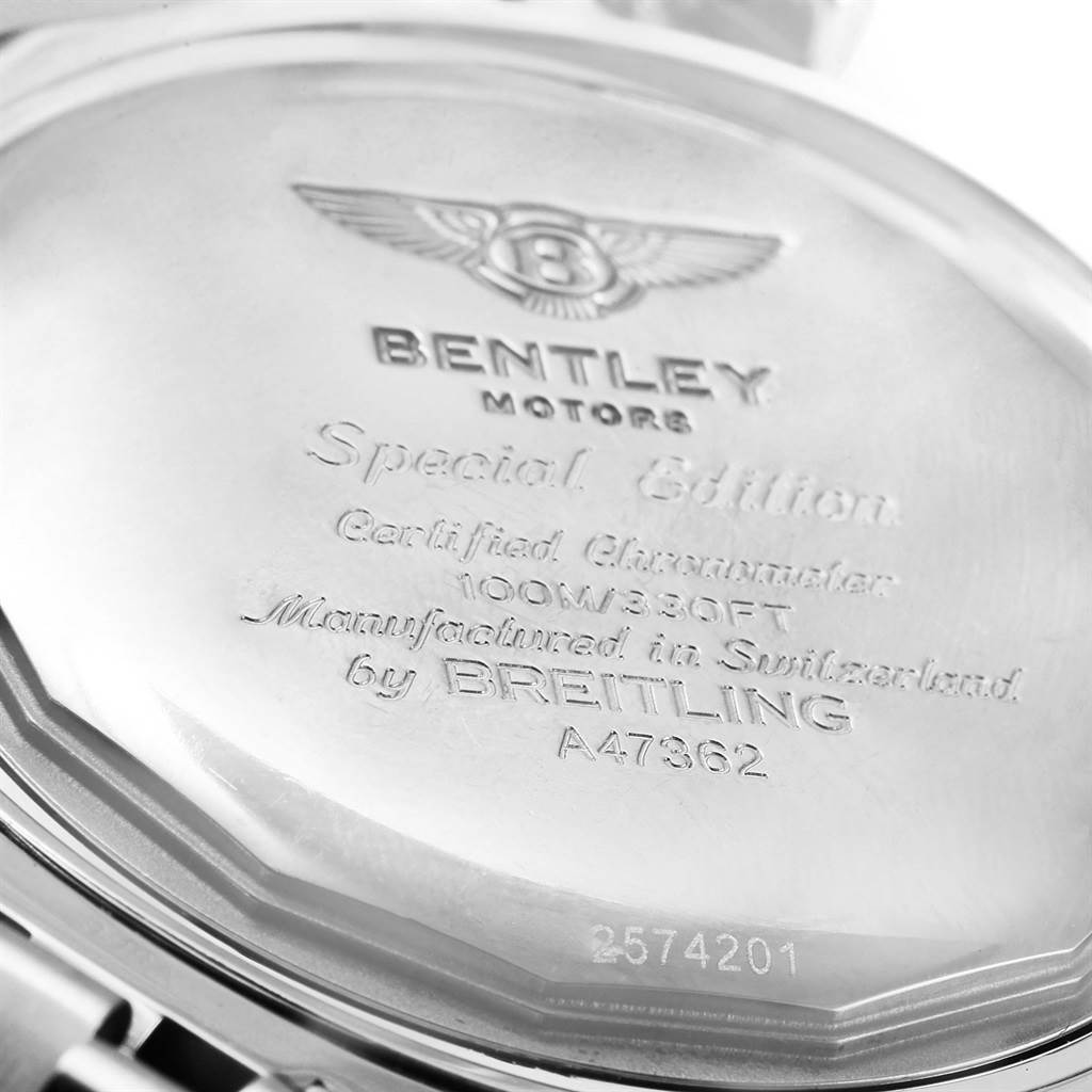 The image shows the back of a Breitling Bentley A47362 Men's Stainless Steel Black Dial A47362 Men's Stainless Steel Black Dial watch, highlighting engraved details and model information.
