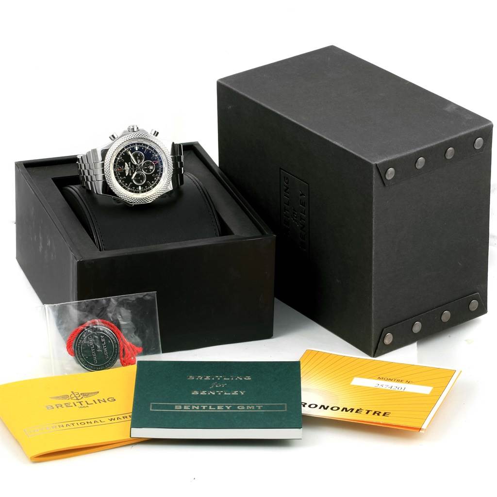 The image shows a Breitling Bentley A47362 Men's Stainless Steel Black Dial A47362 Men's Stainless Steel Black Dial model watch from a top angle, including its box, booklet, and authenticity accessories.