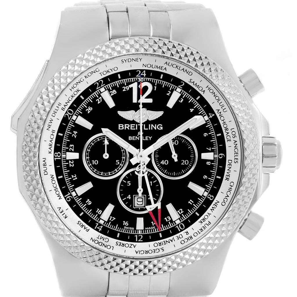 This image shows a frontal view of a Breitling Bentley A47362 Men's Stainless Steel Black Dial A47362 Men's Stainless Steel Black Dial watch, highlighting its bezel, dial, and chronograph functions.