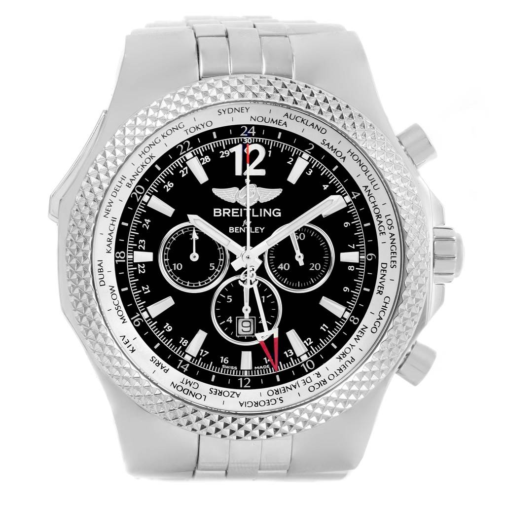 The image shows a front view of a Breitling Bentley A47362 Men's Stainless Steel Black Dial A47362 Men's Stainless Steel Black Dial model watch, highlighting its dial, bezel, and part of the strap.