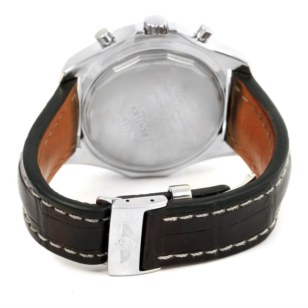 This image shows the Breitling Bentley A25362 Men
s Stainless Steel Black Dial A25362 Men
s Stainless Steel Black Dial watch from the back, highlighting its leather strap, buckle, and case back.