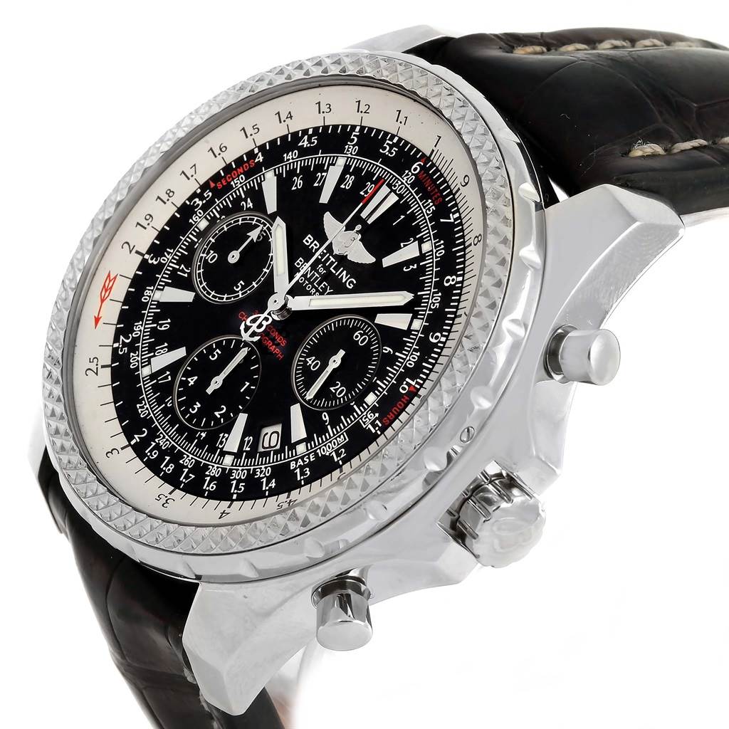 The image shows a side angle of a Bentley model by Breitling, highlighting its dial, crown, pushers, and leather strap.