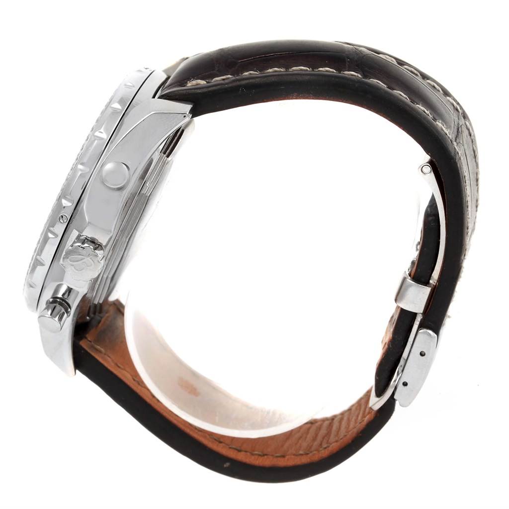 The image shows the side view of a Breitling Bentley A25362 Men
s Stainless Steel Black Dial A25362 Men
s Stainless Steel Black Dial watch, highlighting the crown, case, and leather strap.