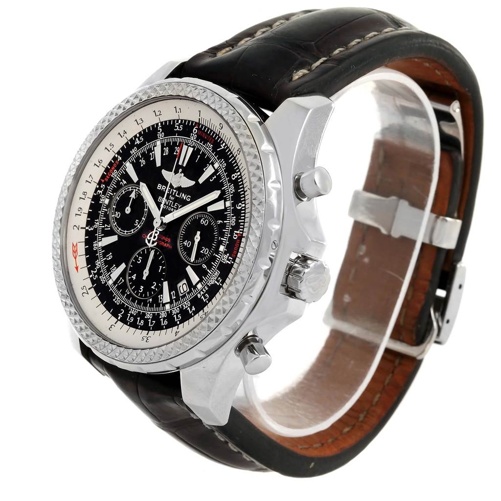 The image shows a Breitling Bentley A25362 Men
s Stainless Steel Black Dial A25362 Men
s Stainless Steel Black Dial watch at an angled view, highlighting the dial, bezel, crown, pushers, and leather strap.