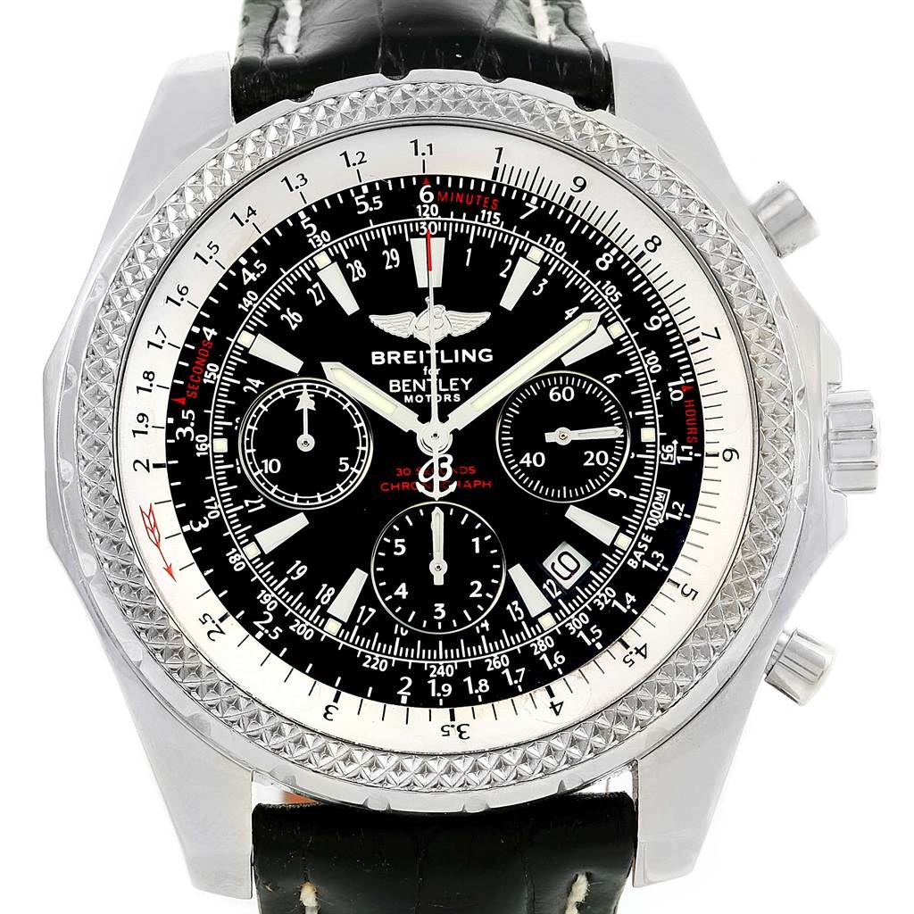 The image shows a front view of the Breitling Bentley A25362 Men
s Stainless Steel Black Dial A25362 Men
s Stainless Steel Black Dial model watch, detailing the bezel, dial, subdials, and crown.