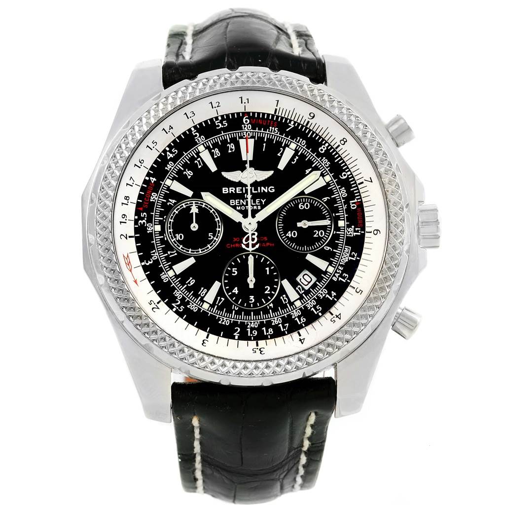 The image shows a front view of the Breitling Bentley A25362 Men
s Stainless Steel Black Dial A25362 Men
s Stainless Steel Black Dial watch, highlighting its round dial, chronograph subdials, and black leather strap.