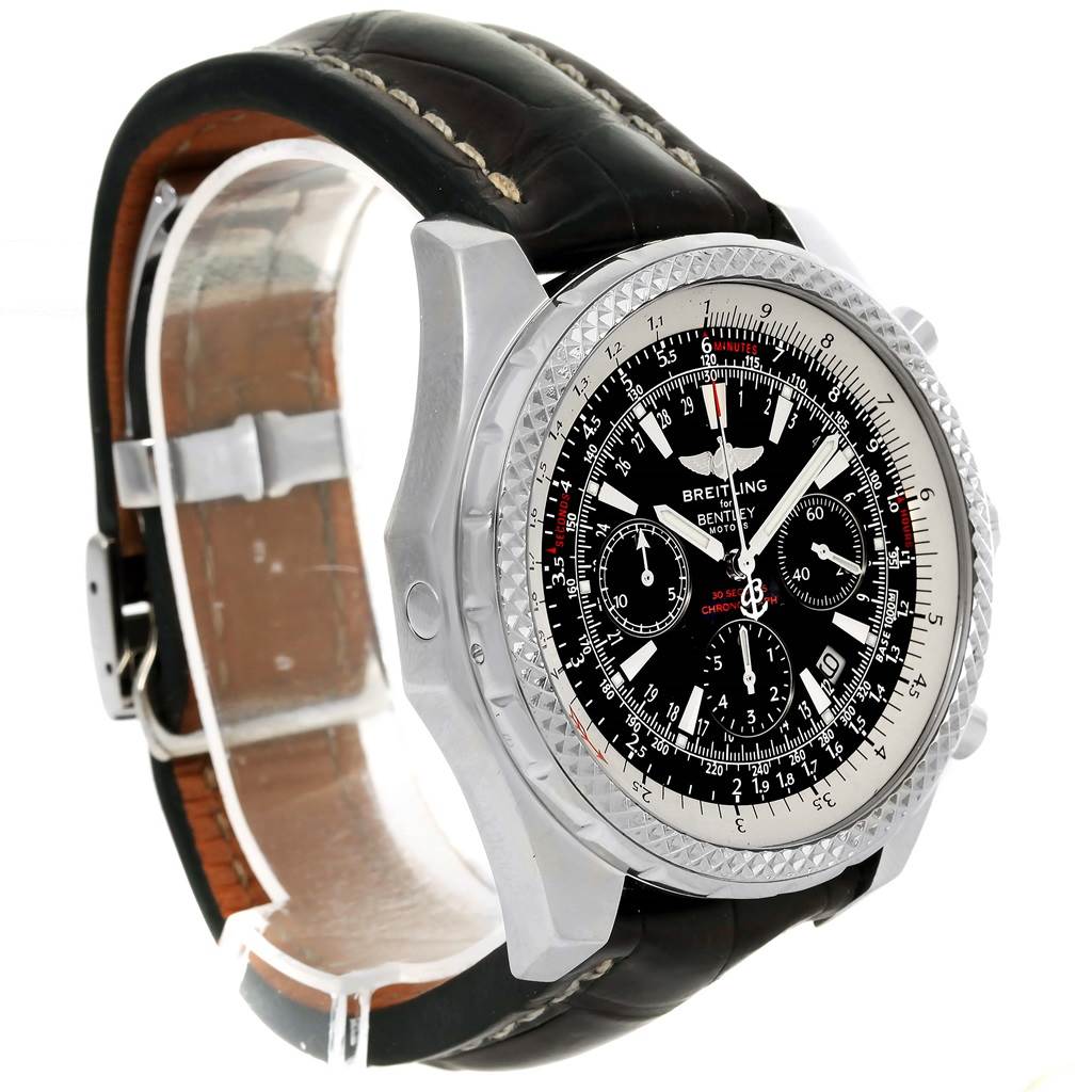 This image shows a Breitling Bentley A25362 Men
s Stainless Steel Black Dial A25362 Men
s Stainless Steel Black Dial watch from a 3/4 angle, highlighting its face, bezel, and leather strap.