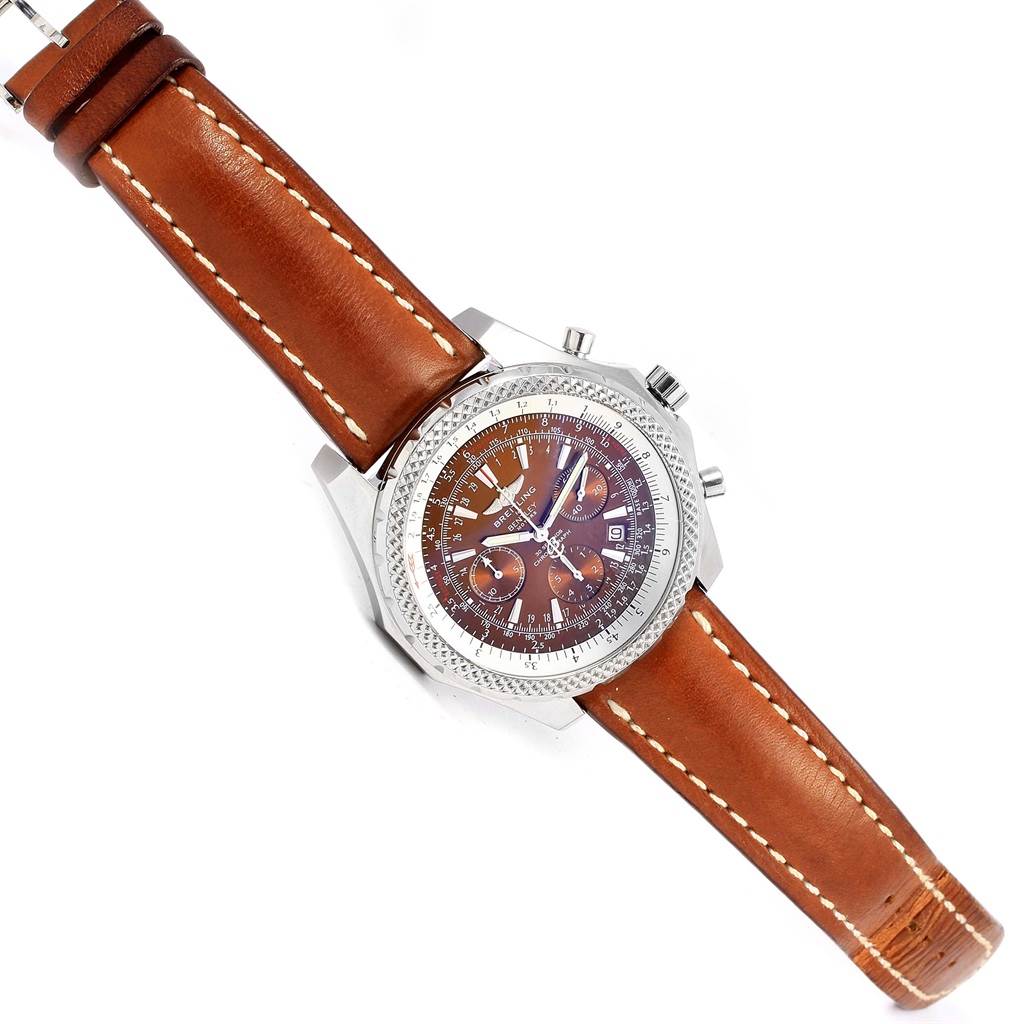 The image shows a Breitling Bentley A25363 Men's Stainless Steel Brown Dial A25363 Men's Stainless Steel Brown Dial watch from a top-down angle, featuring a brown leather strap and detailed dial.