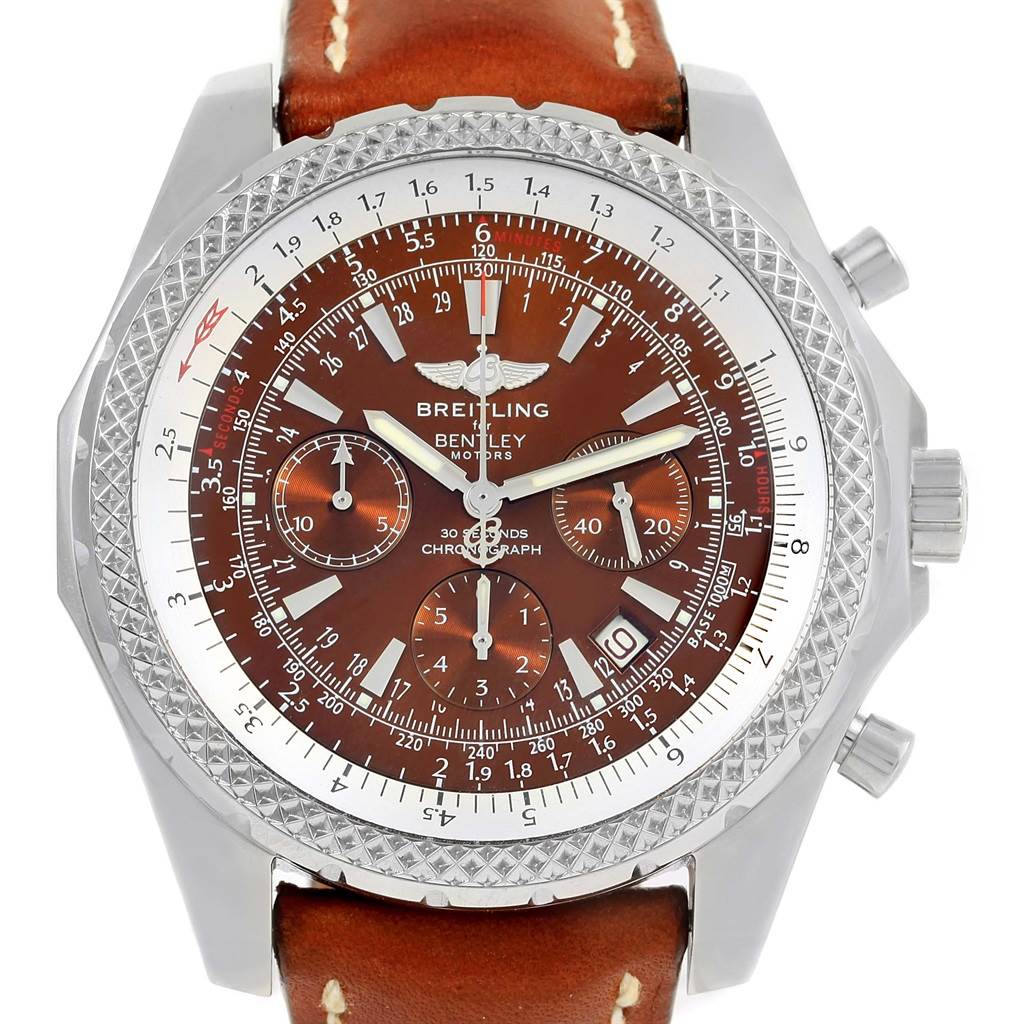 This image shows a front view of the Breitling Bentley A25363 Men's Stainless Steel Brown Dial A25363 Men's Stainless Steel Brown Dial watch, highlighting the dial, bezel, subdials, and leather strap.