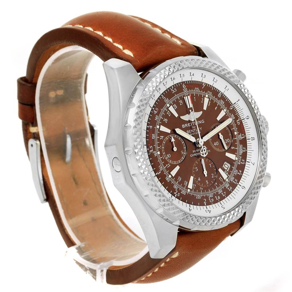 The Breitling Bentley A25363 Men's Stainless Steel Brown Dial A25363 Men's Stainless Steel Brown Dial watch is shown at a three-quarter angle, highlighting its brown dial, bezel, and leather strap.