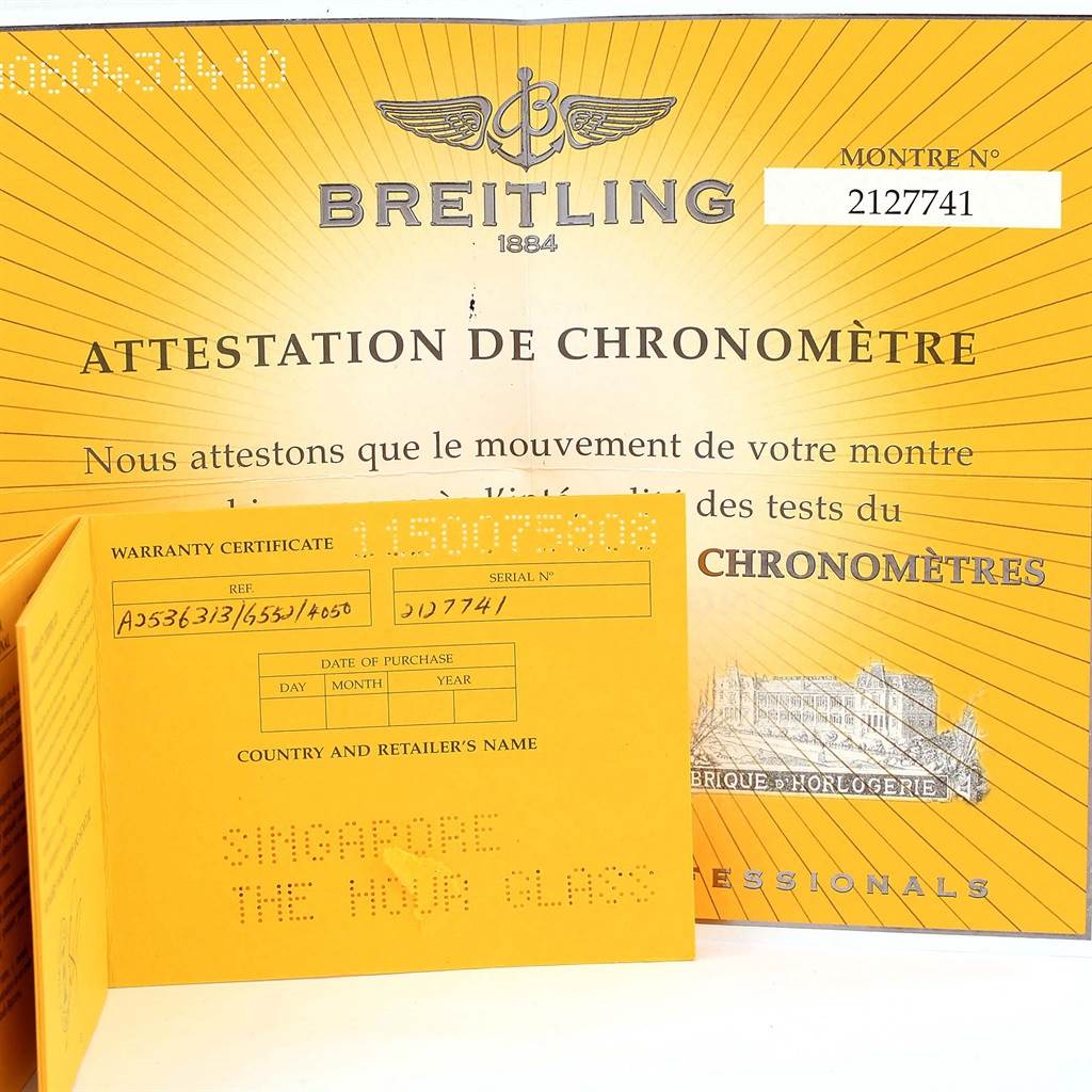 The image shows the warranty certificate and chronometer attestation for a Bentley model Breitling watch.
