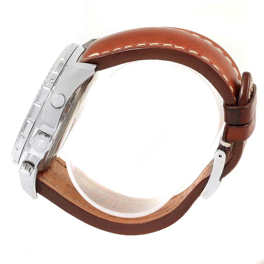 The image shows a side view of the Breitling Bentley A25363 Men's Stainless Steel Brown Dial A25363 Men's Stainless Steel Brown Dial watch, highlighting its bezel, case, crown, and brown leather strap.