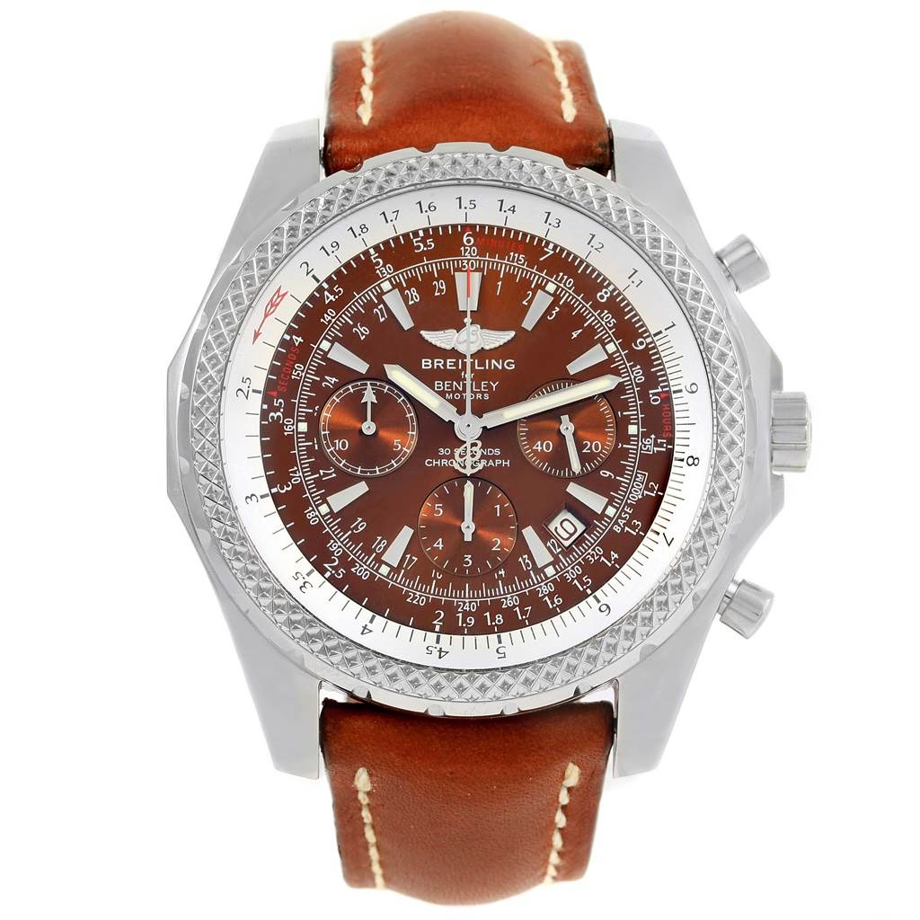 The Bentley model by Breitling is shown from a front angle, displaying the dial, bezel, and brown leather strap.