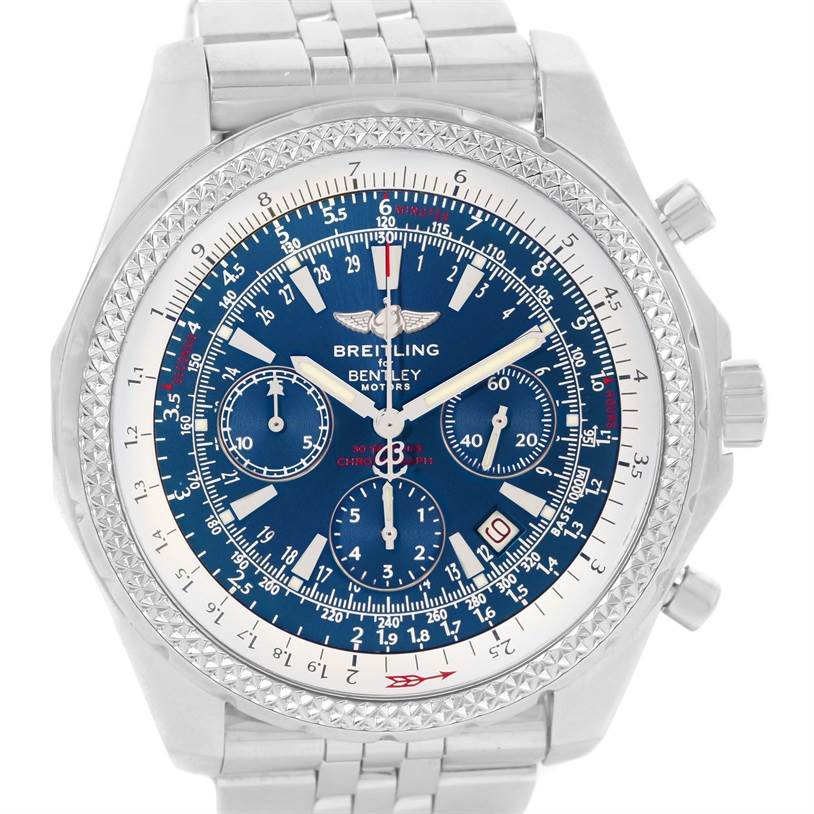 This is a close-up, front-facing view of the Breitling Bentley A25362 Men's Stainless Steel Blue Dial A25362 Men's Stainless Steel Blue Dial model watch, showing the dial and bezel.