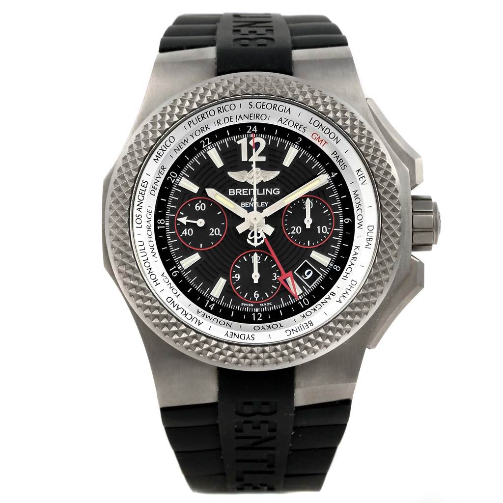 The image shows a front view of a Breitling Bentley EB0433 Men's Titanium Black Dial EB0433 Men's Titanium Black Dial watch, highlighting its dial, bezel, and part of the strap.