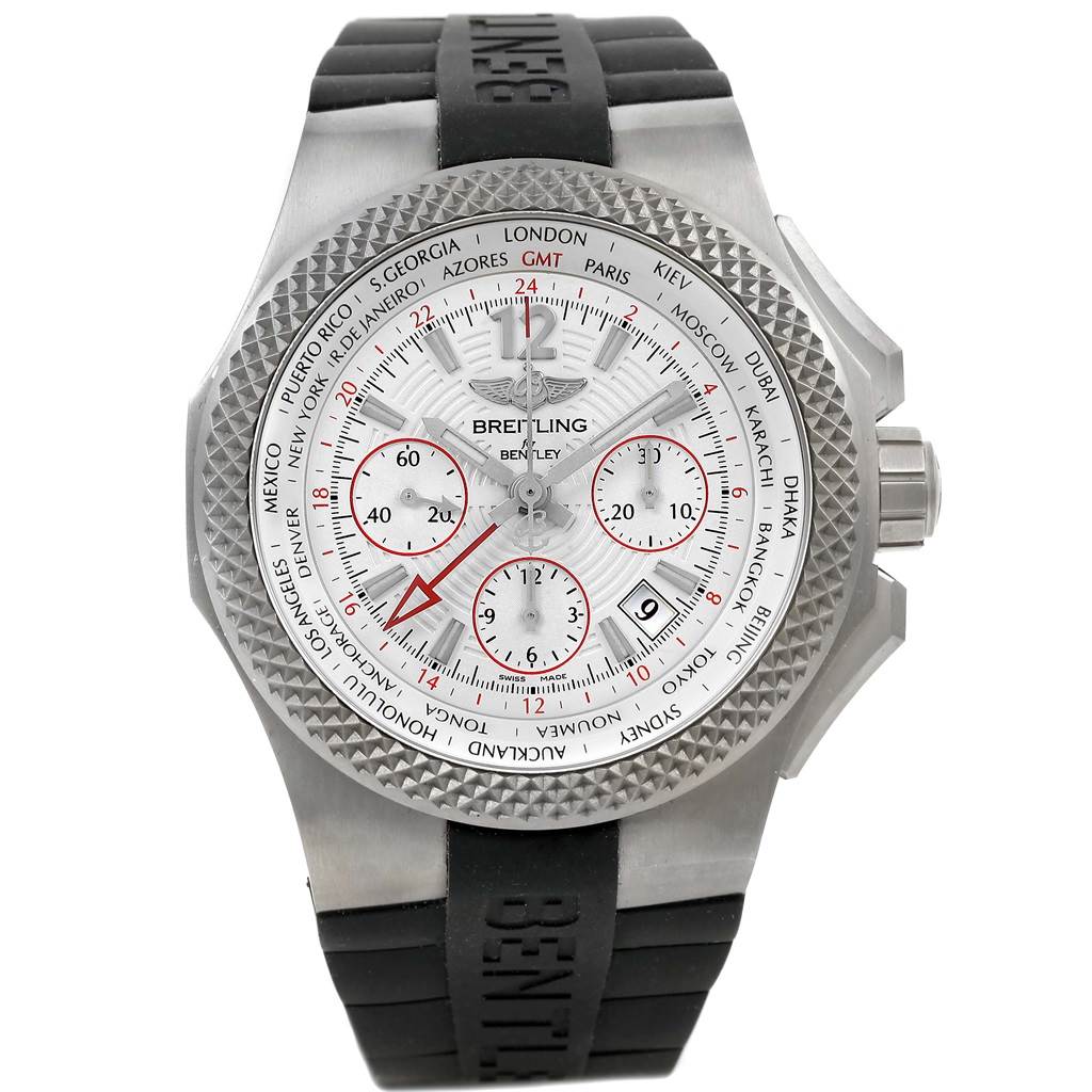 The image shows a front view of the Breitling Bentley EB0433 Men's Titanium Silver Dial EB0433 Men's Titanium Silver Dial watch, highlighting the dial, bezel, subdials, and rubber strap.