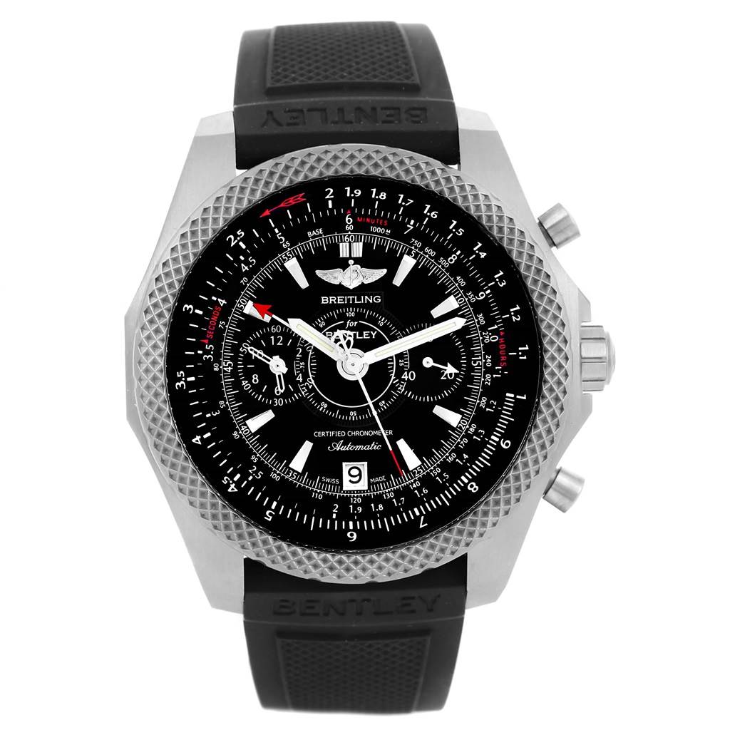 The image shows a front view of the Bentley model by Breitling, featuring its bezel, dial, chronograph, and black rubber strap.
