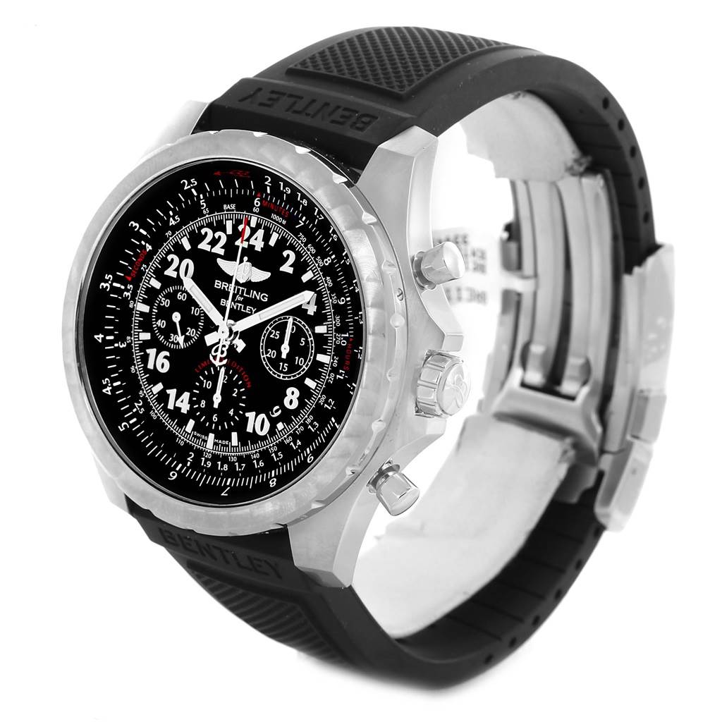 The image shows a Breitling Bentley AB0220 Men's Stainless Steel Black Dial AB0220 Men's Stainless Steel Black Dial watch at an angle highlighting the black rubber strap, stainless steel case, and detailed black dial.