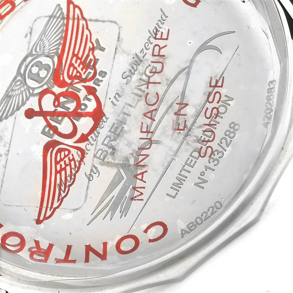 This image shows the back case of the Bentley model watch by Breitling from a close-up, angled perspective.