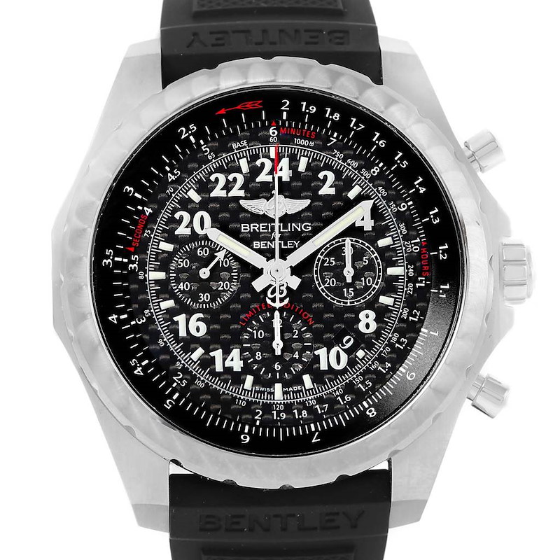 The image shows a front view of the Breitling Bentley watch, showcasing its face, bezel, and part of the strap with "Bentley" engraved.