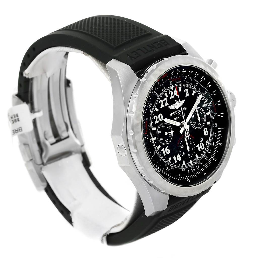 The Breitling Bentley AB0220 Men's Stainless Steel Black Dial AB0220 Men's Stainless Steel Black Dial watch is shown at an angle displaying the black rubber strap, stainless steel case, and detailed black dial.