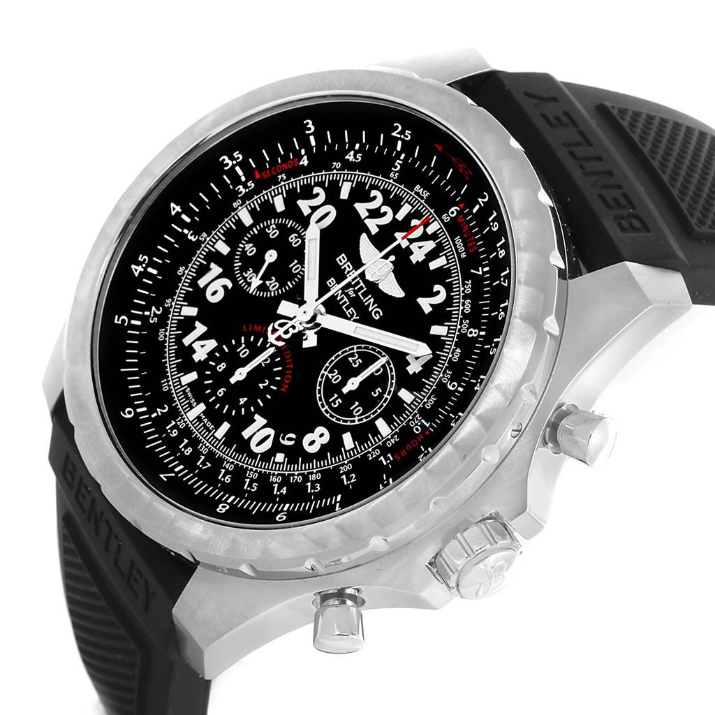 The Bentley model by Breitling is shown at a slight angle, highlighting the dial, bezel, pushers, and part of the rubber strap.