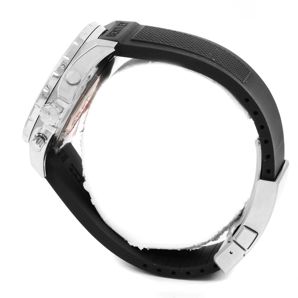 The image shows a side view of the Breitling Bentley AB0220 Men's Stainless Steel Black Dial AB0220 Men's Stainless Steel Black Dial watch, featuring its case, crown, pushers, and rubber strap with a clasp.
