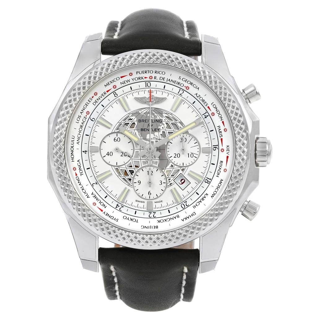 The image shows a Breitling Bentley AB0521 Men
s Stainless Steel White Dial AB0521 Men
s Stainless Steel White Dial watch from a top-down angle, displaying its face, bezel, and black leather strap.