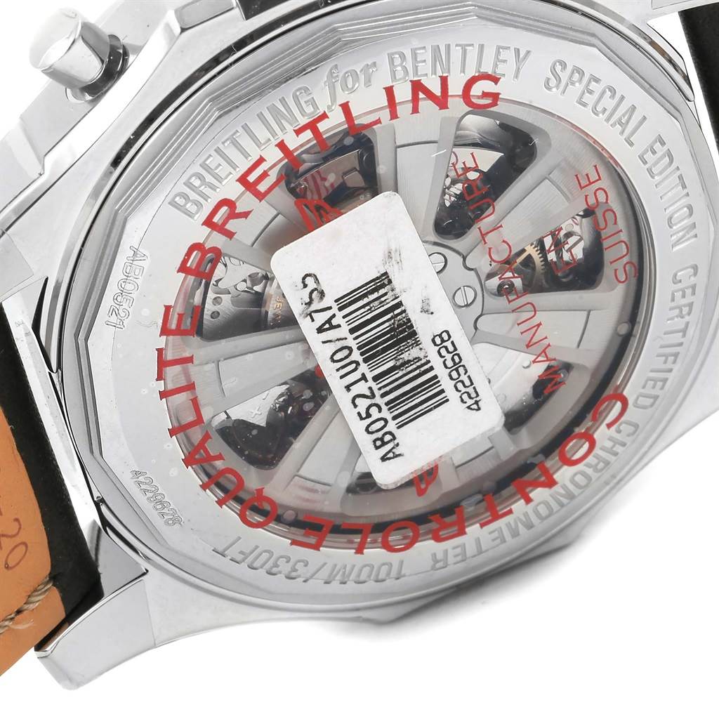 The image shows the back case of a Breitling Bentley AB0521 Men
s Stainless Steel White Dial AB0521 Men
s Stainless Steel White Dial model watch, highlighting its inner mechanisms and inscriptions.