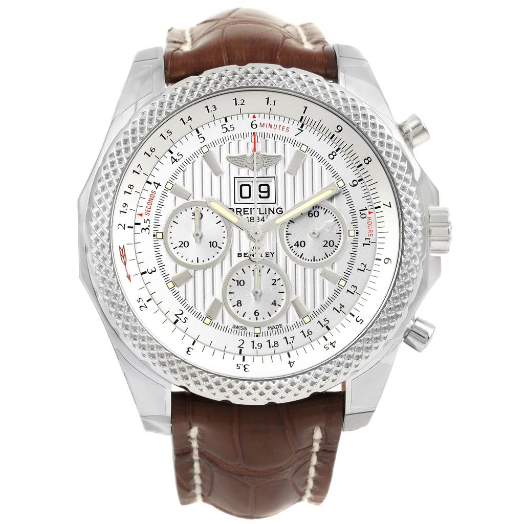 This image shows a front view of the Bentley model watch by Breitling, featuring its dial and leather strap.